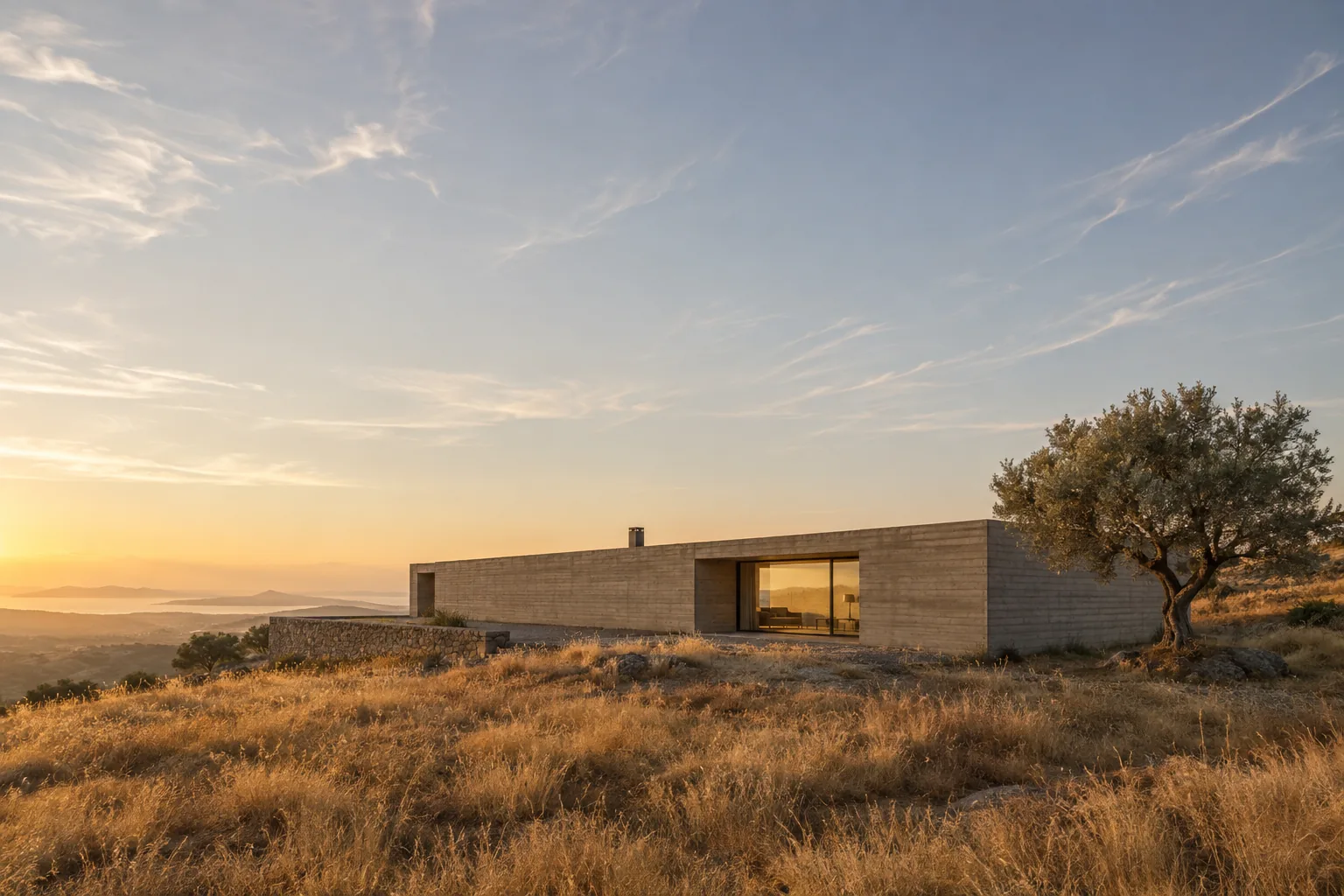 Low concrete building on a dry hillside at sunset, with open sky and distant hills.