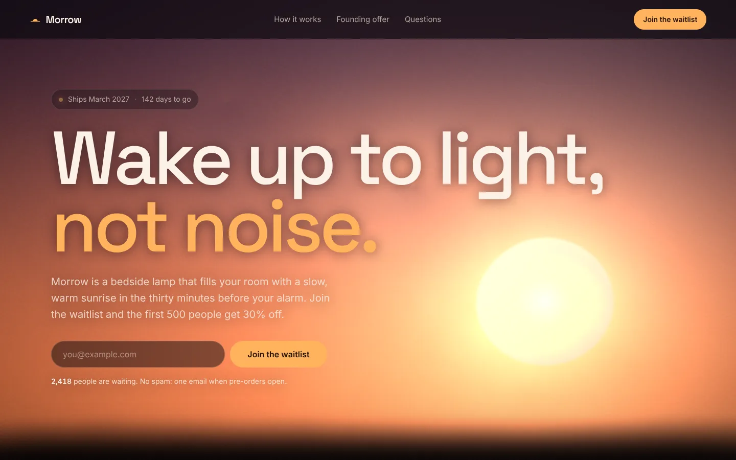 Screenshot of the Morrow waitlist & coming soon website template.